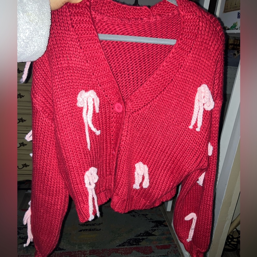 Cider Red Holiday Cardigan with Pink details - Picture 2 of 3